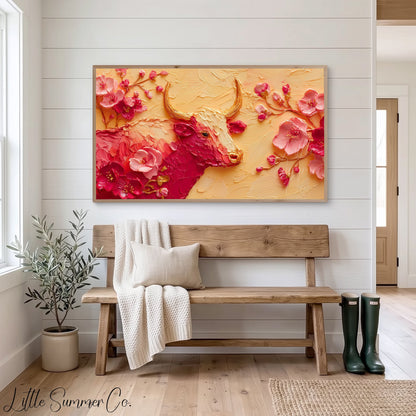Golden Ox and Pink Blossoms Frame TV Art displayed on a TV