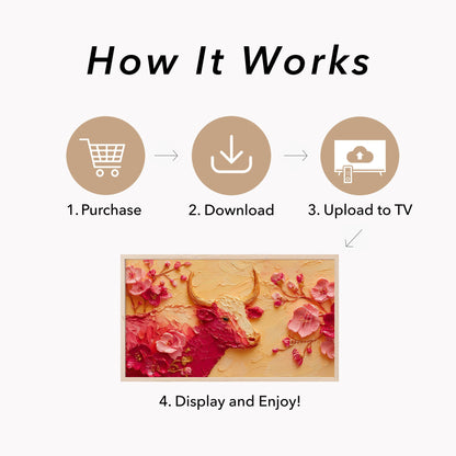 Golden Ox and Pink Blossoms Frame TV Art displayed on a TV
