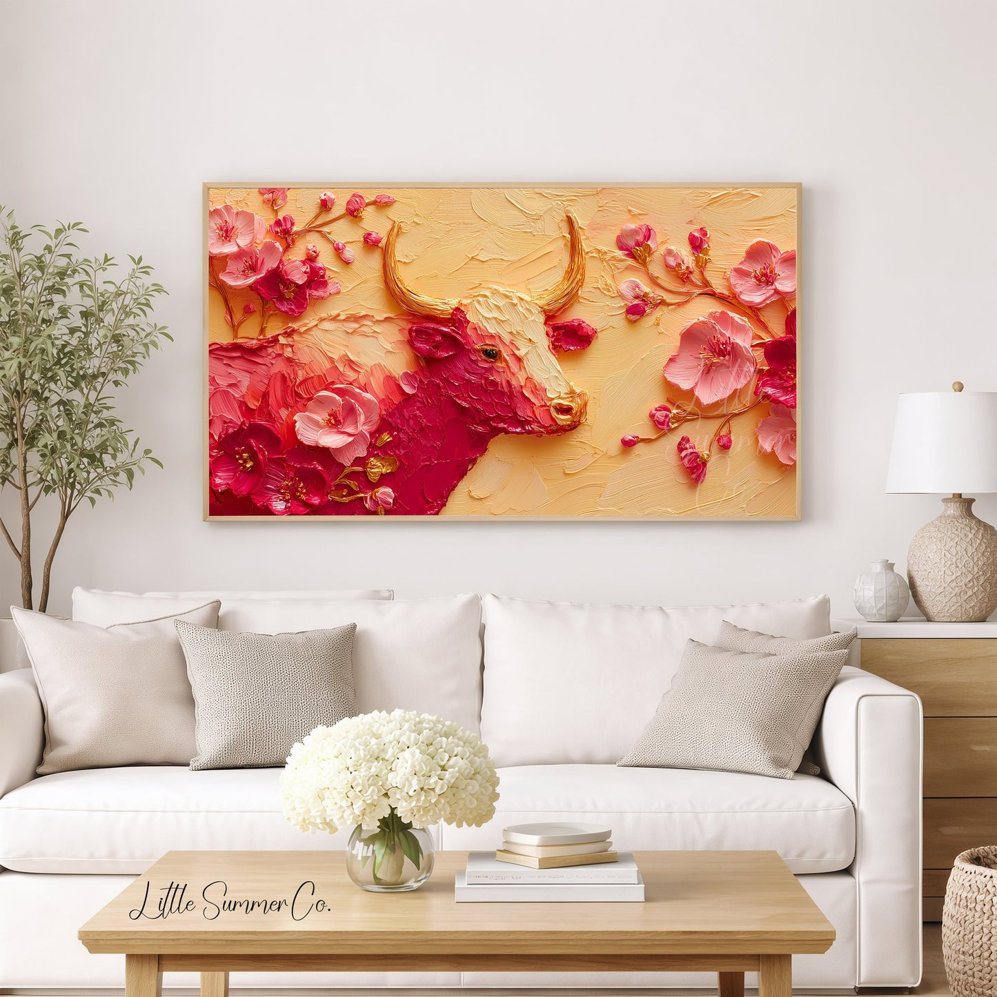 Golden Ox and Pink Blossoms Frame TV Art displayed on a TV