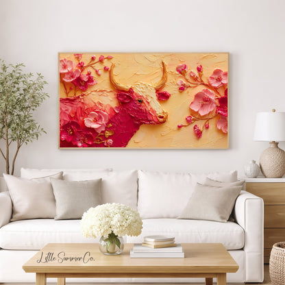 Golden Ox and Pink Blossoms Frame TV Art displayed on a TV