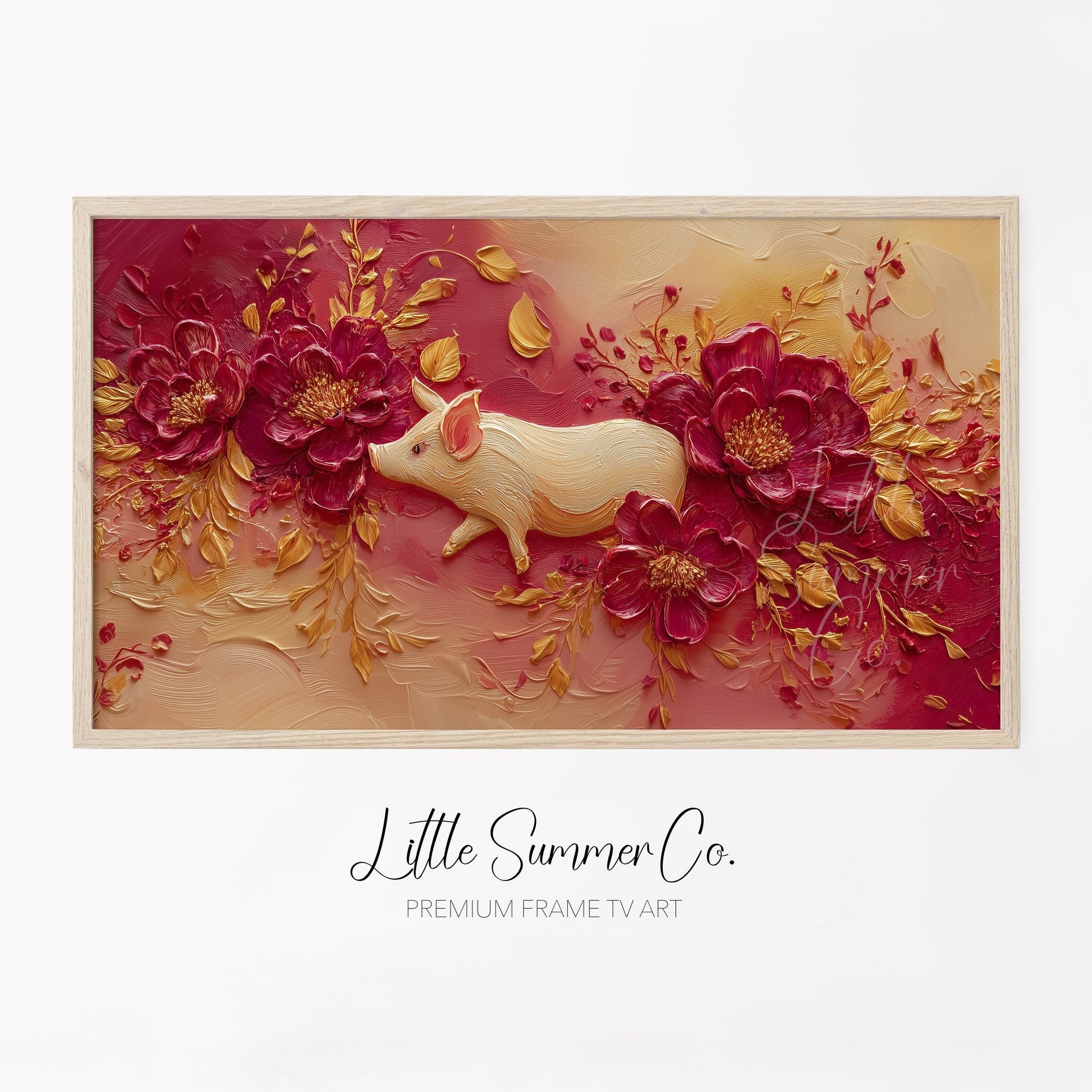 Golden Pig and Peonies Frame TV Art displayed on a TV