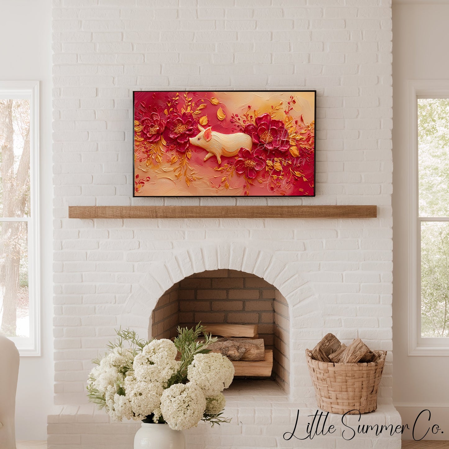 Golden Pig and Peonies Frame TV Art displayed on a TV