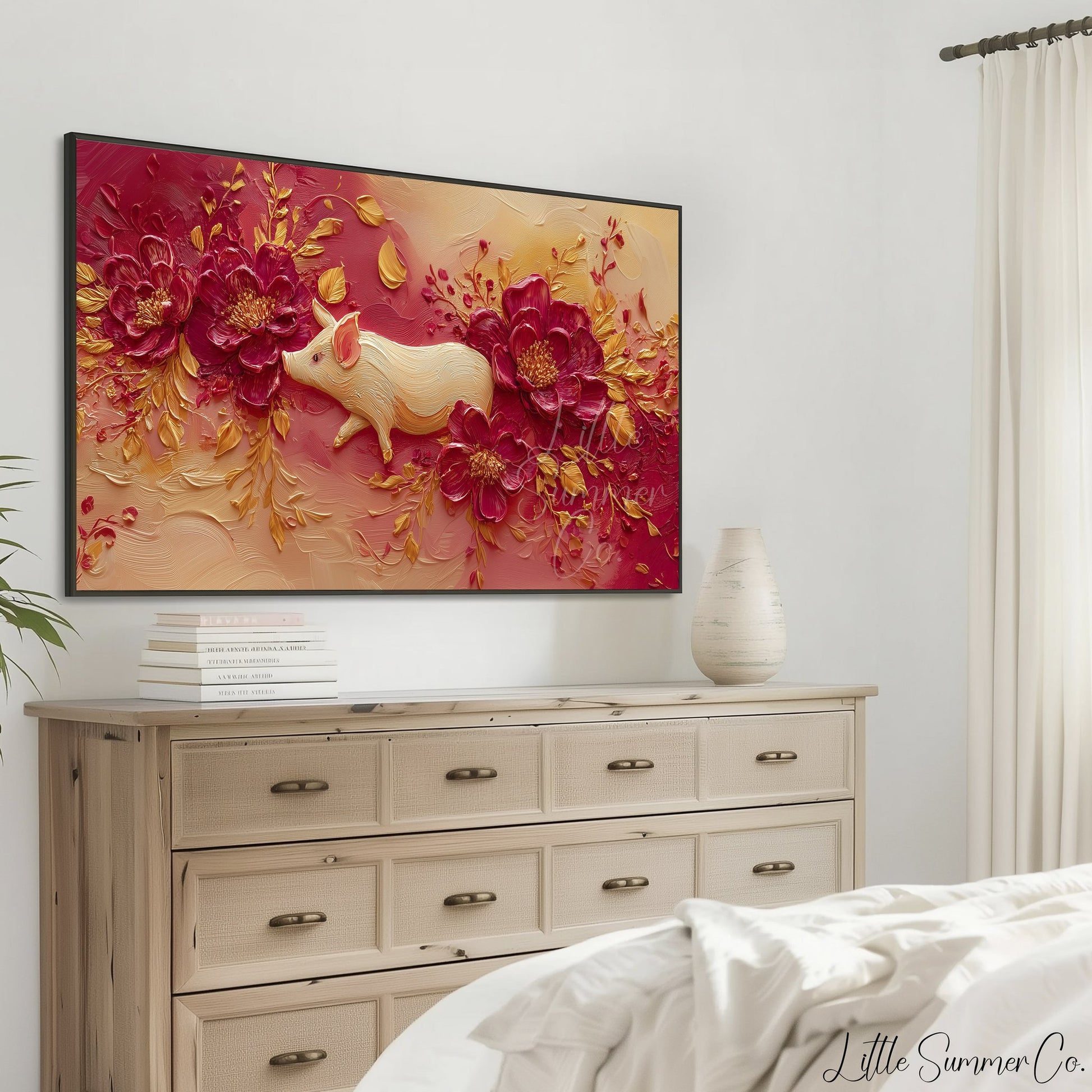 Golden Pig and Peonies Frame TV Art displayed on a TV