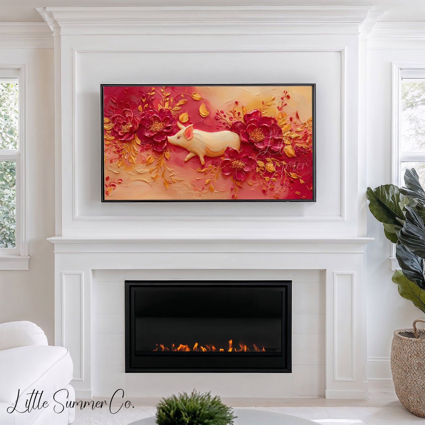 Golden Pig and Peonies Frame TV Art displayed on a TV