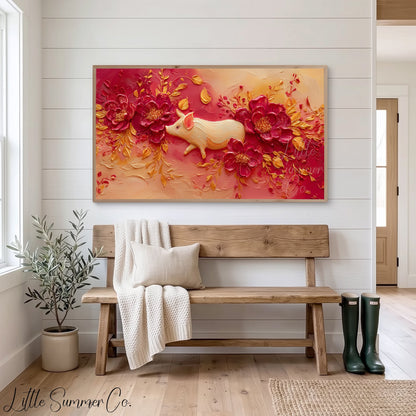 Golden Pig and Peonies Frame TV Art displayed on a TV