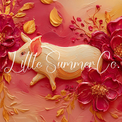 Golden Pig and Peonies Frame TV Art displayed on a TV