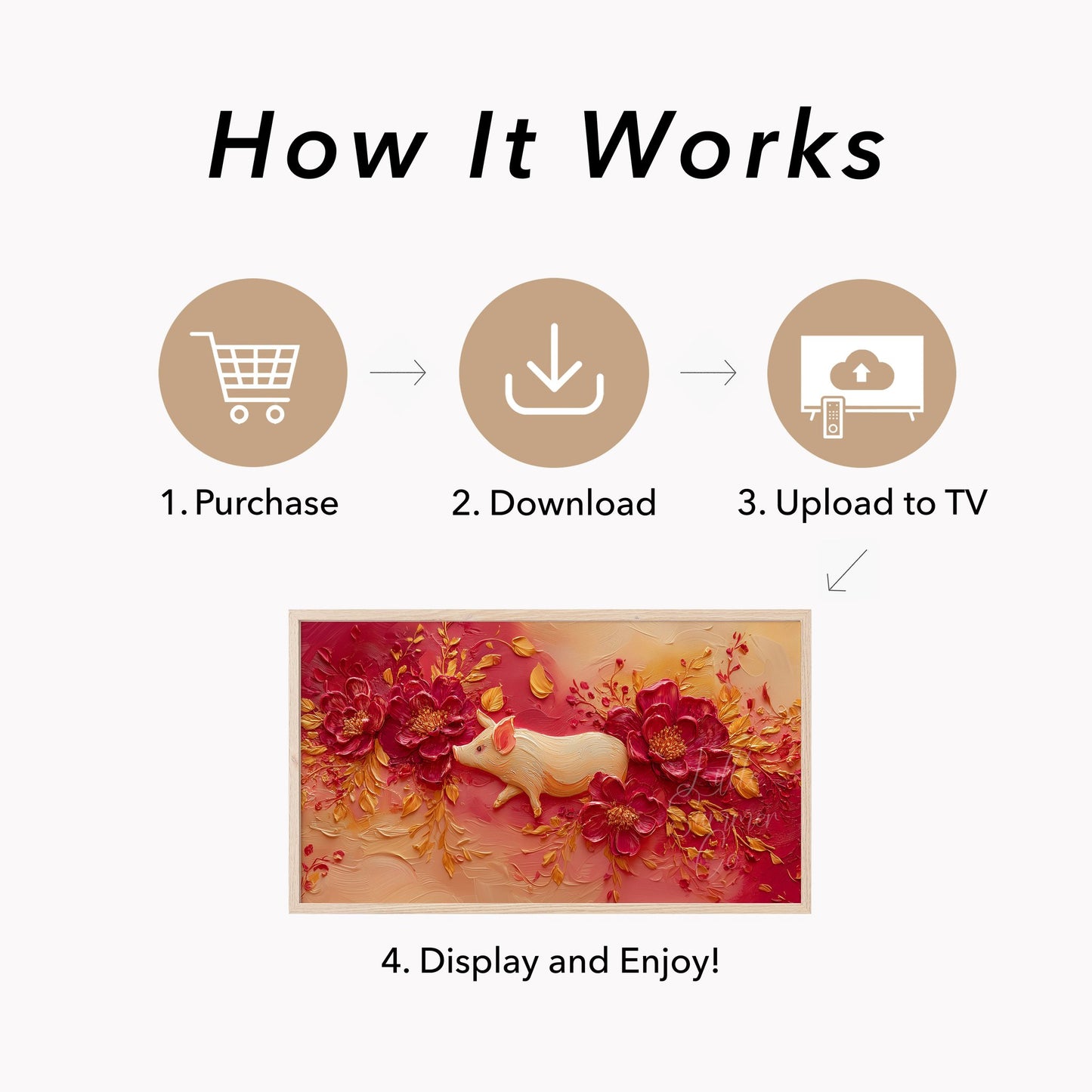 Golden Pig and Peonies Frame TV Art displayed on a TV