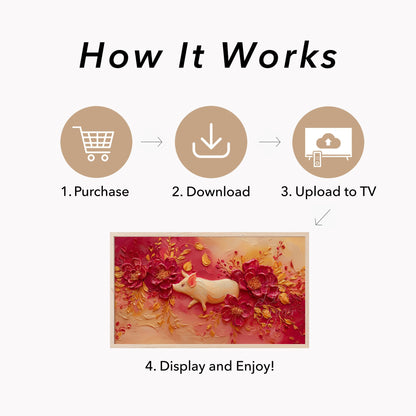 Golden Pig and Peonies Frame TV Art displayed on a TV