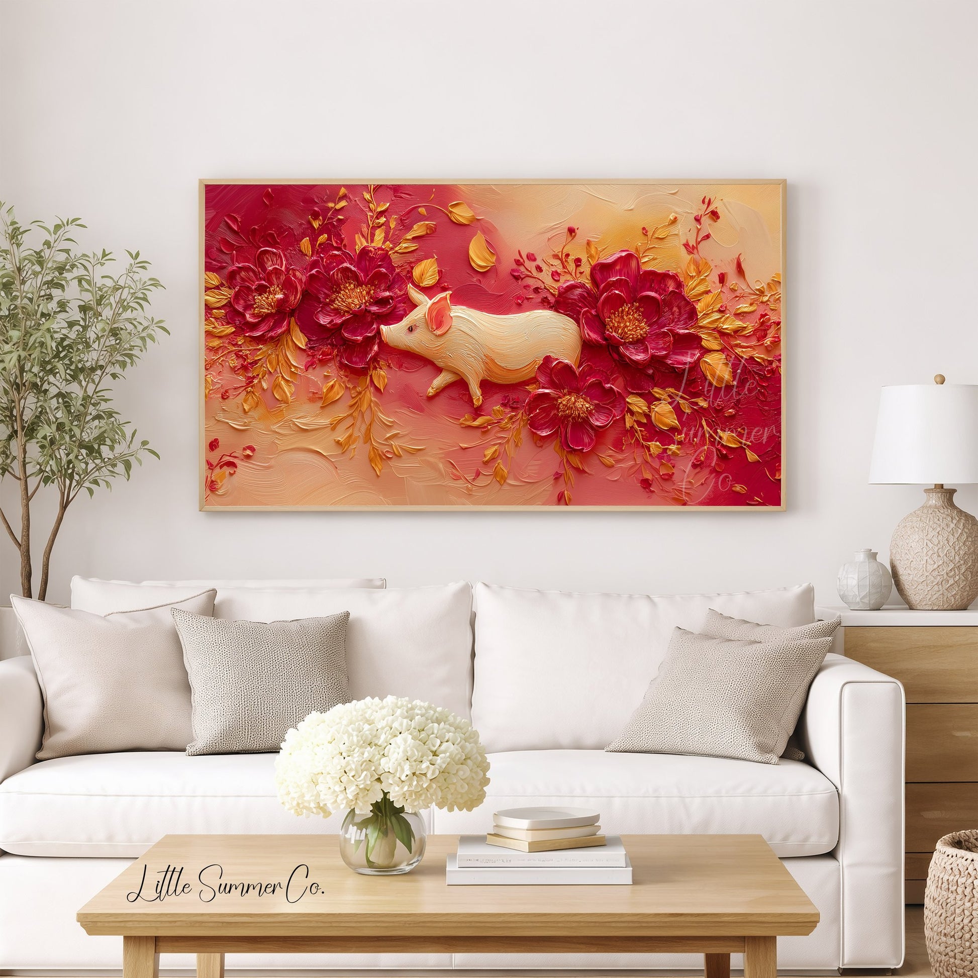 Golden Pig and Peonies Frame TV Art displayed on a TV