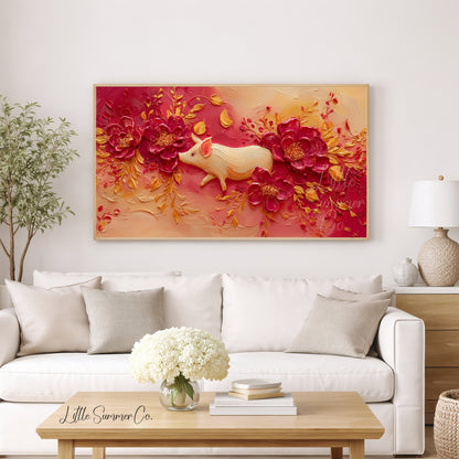 Golden Pig and Peonies Frame TV Art displayed on a TV