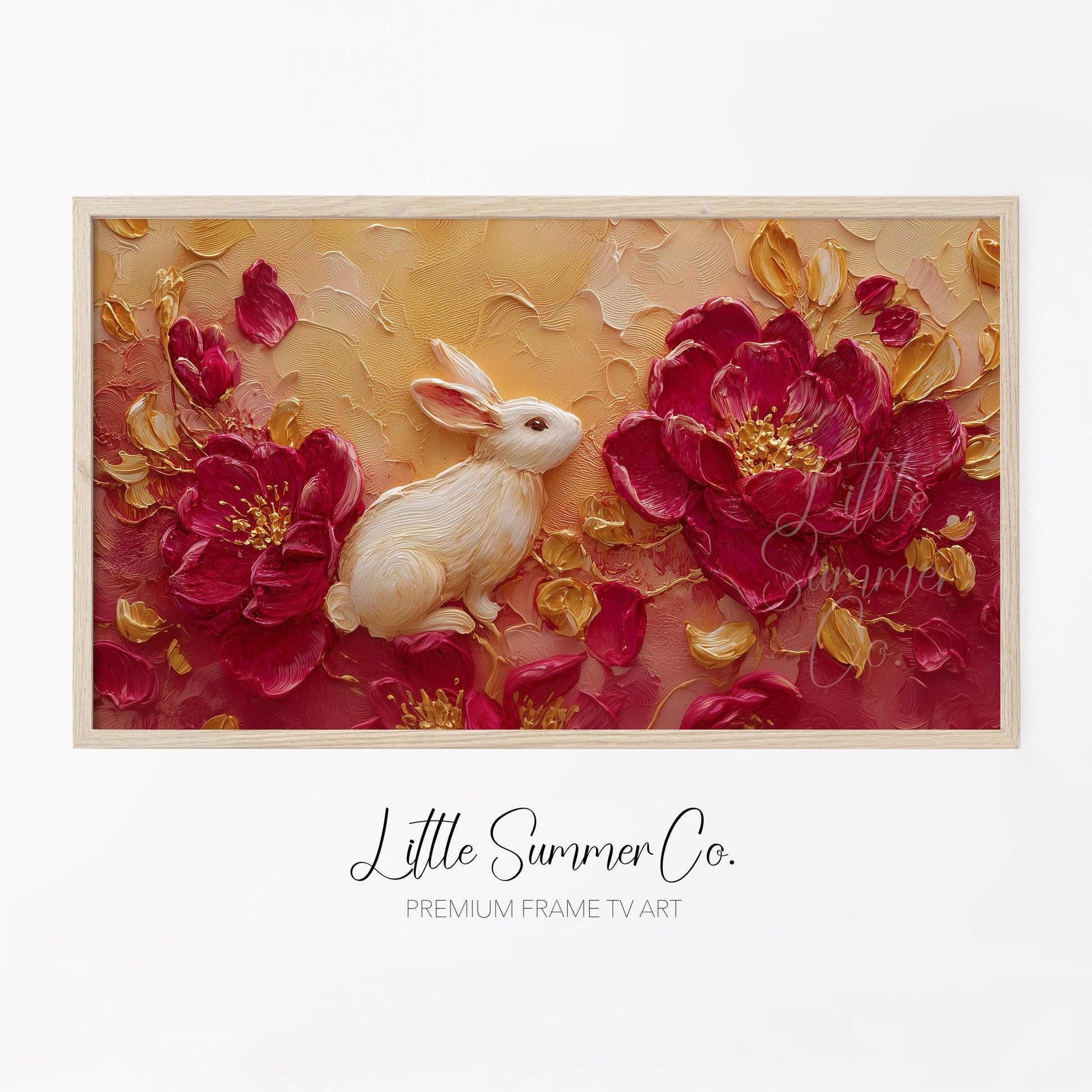 White Rabbit and Peonies Frame TV Art displayed on a TV
