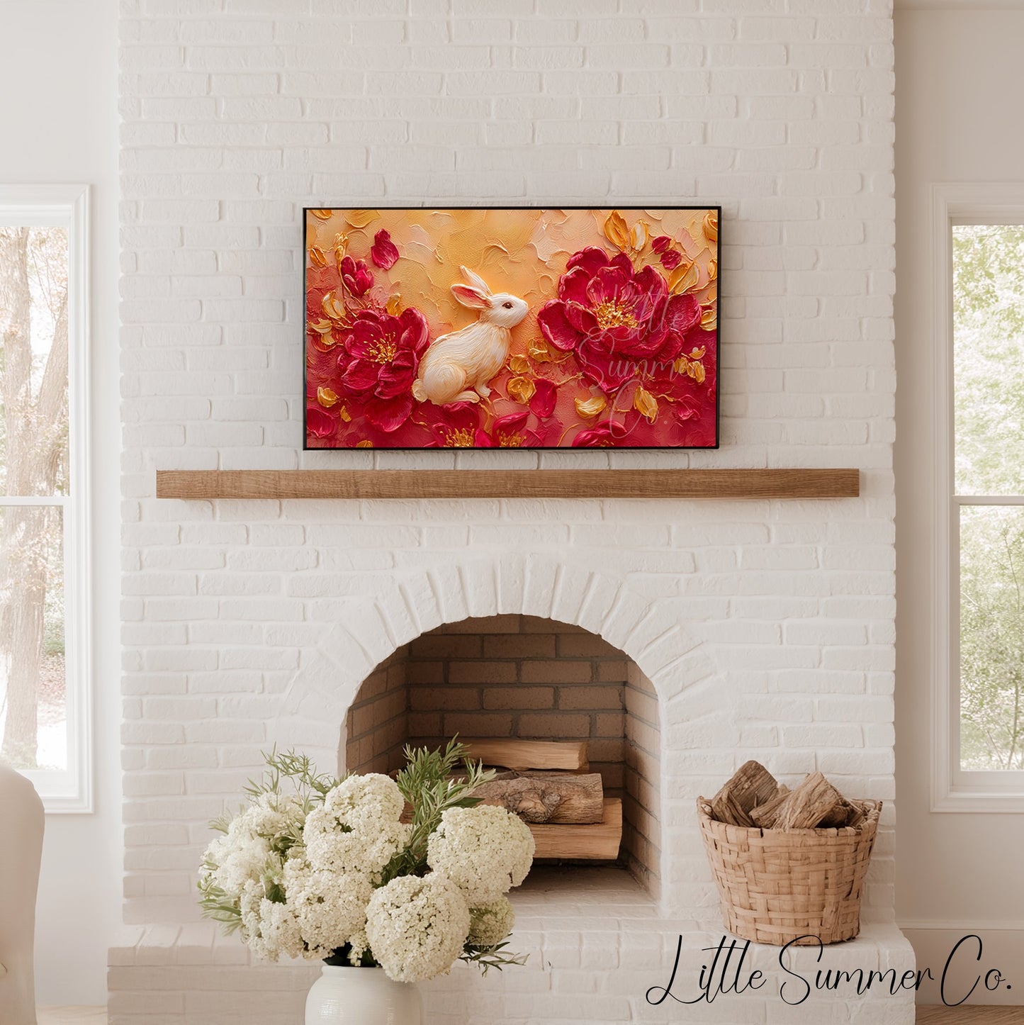 White Rabbit and Peonies Frame TV Art displayed on a TV