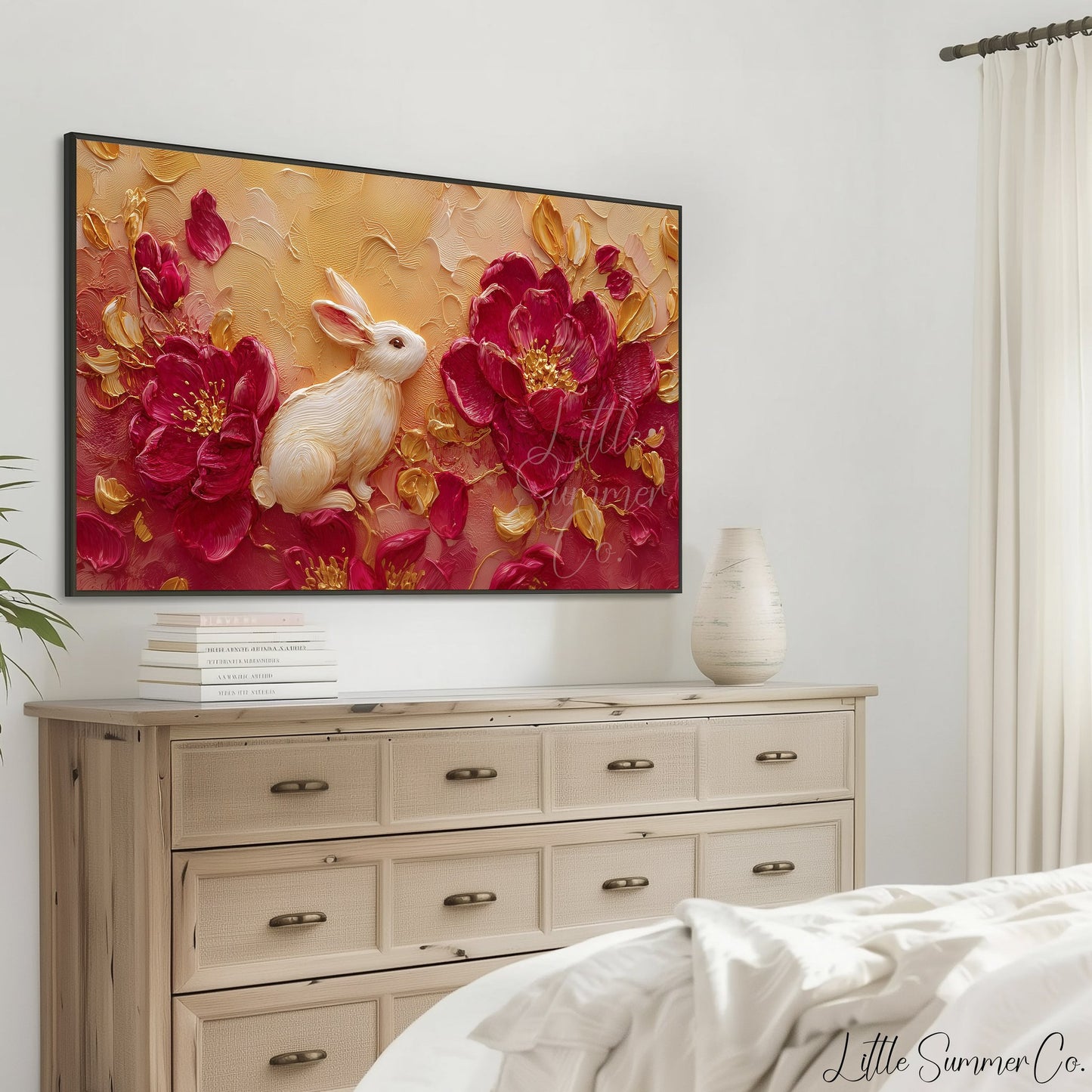 White Rabbit and Peonies Frame TV Art displayed on a TV