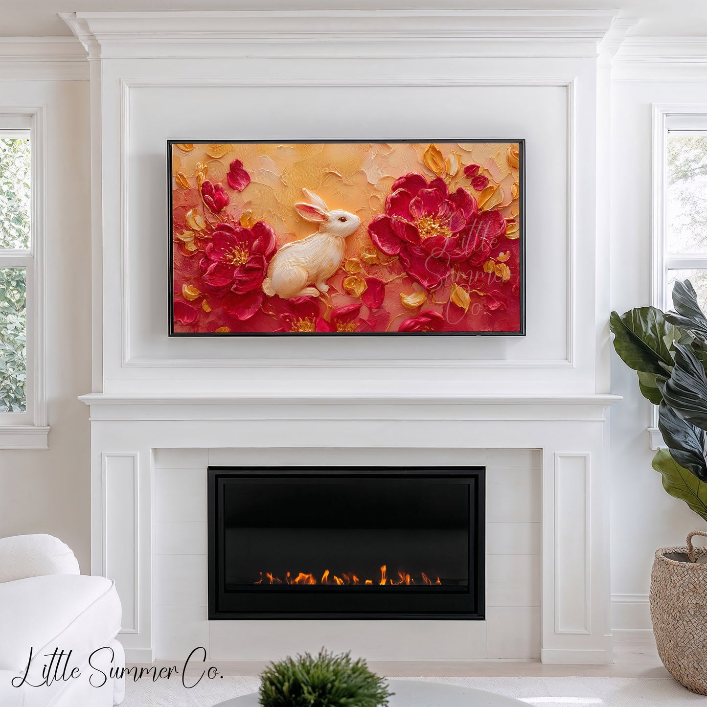 White Rabbit and Peonies Frame TV Art displayed on a TV