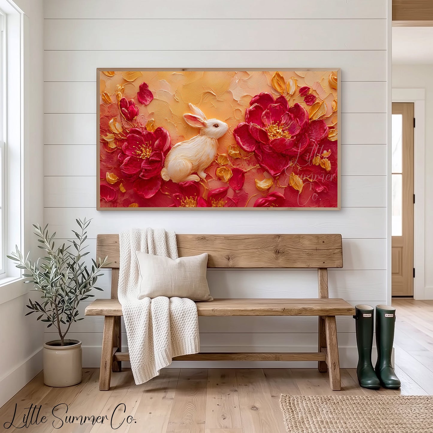 White Rabbit and Peonies Frame TV Art displayed on a TV