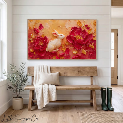 White Rabbit and Peonies Frame TV Art displayed on a TV