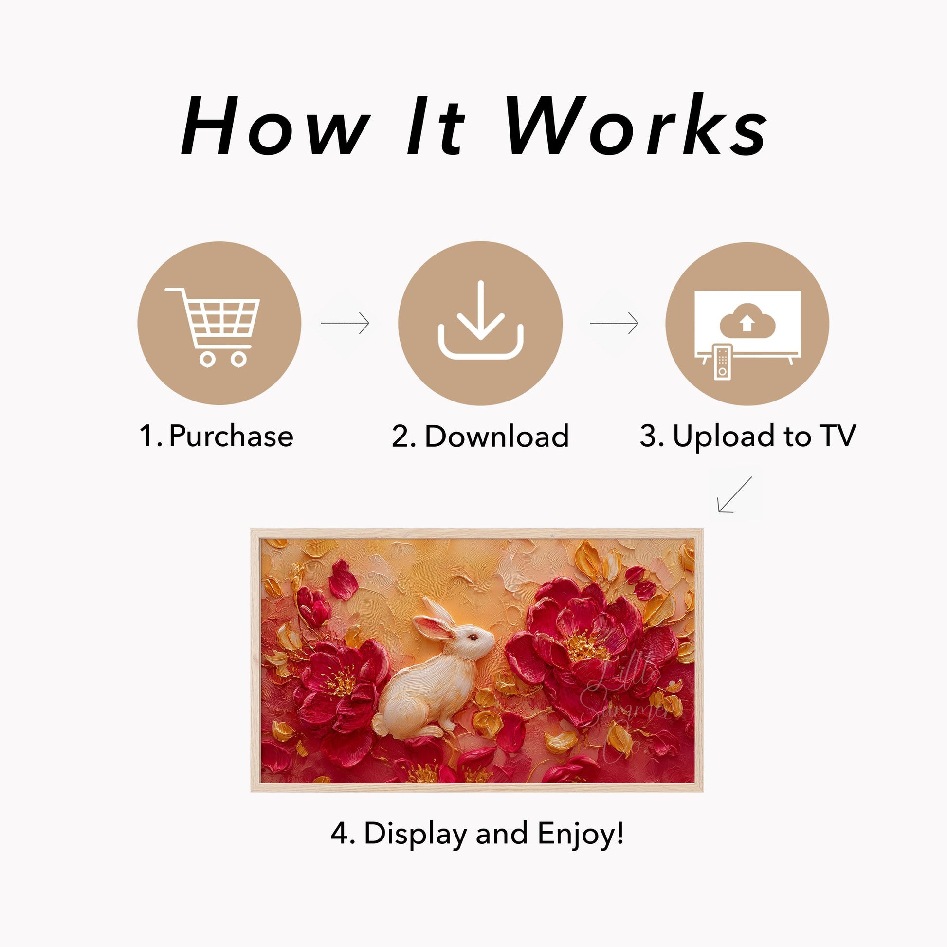 White Rabbit and Peonies Frame TV Art displayed on a TV