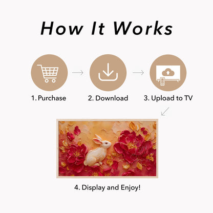 White Rabbit and Peonies Frame TV Art displayed on a TV