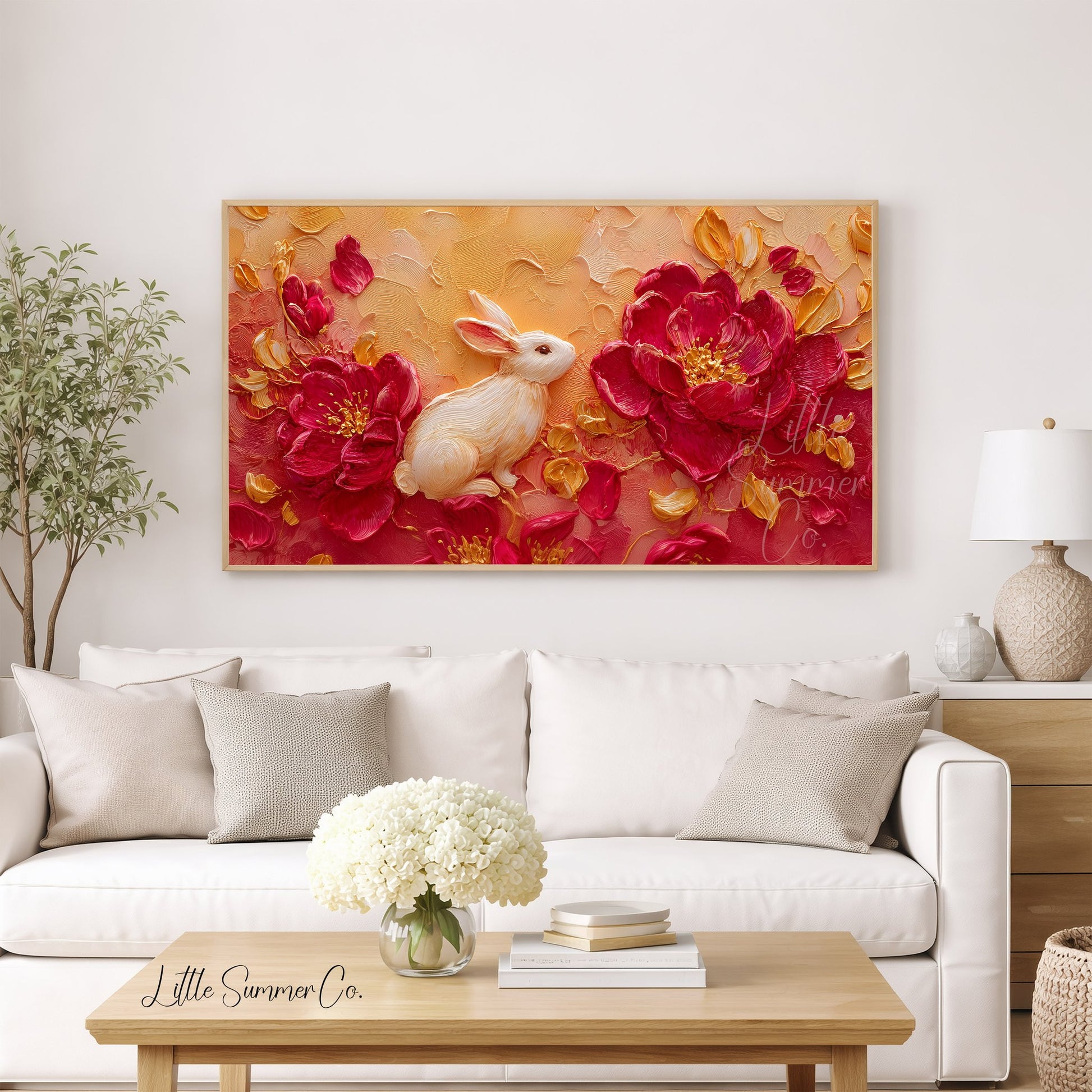 White Rabbit and Peonies Frame TV Art displayed on a TV