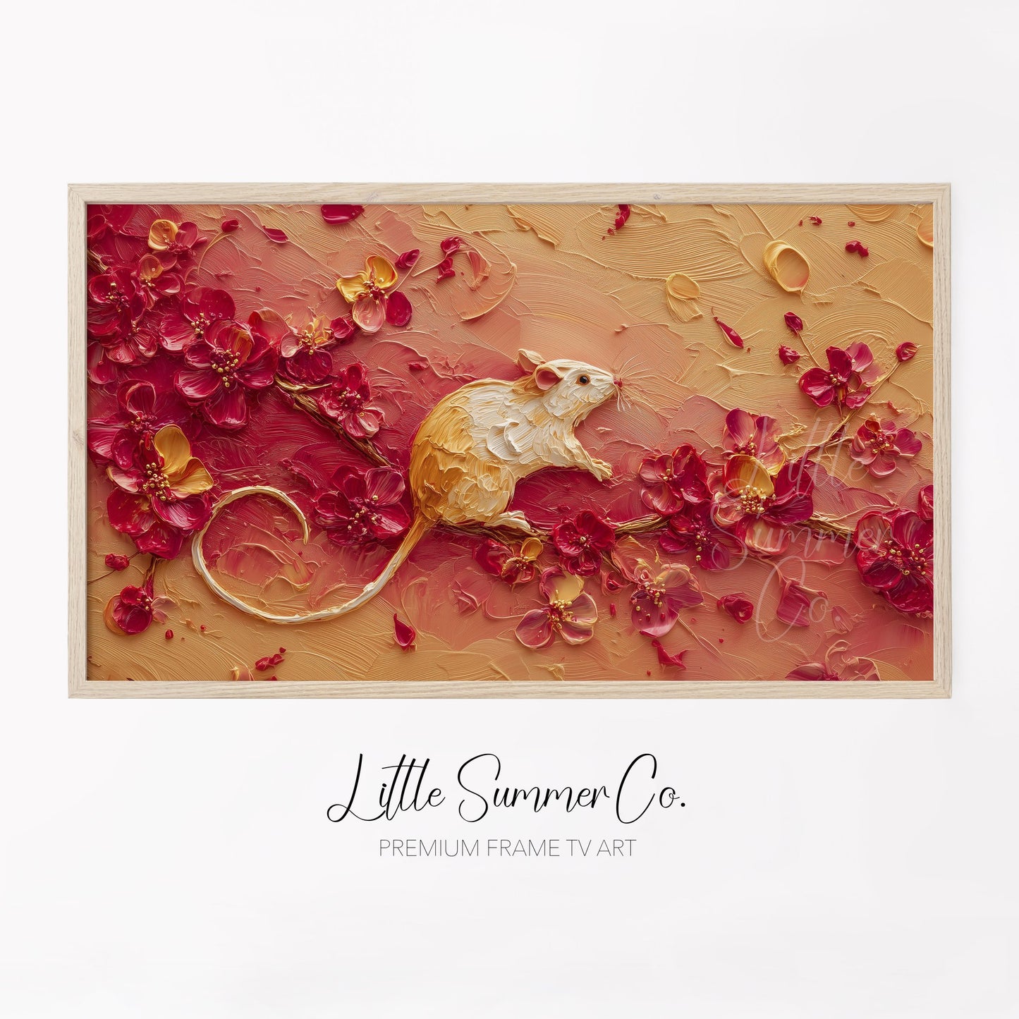 Golden Rat and Blossoms Frame TV Art displayed on a TV