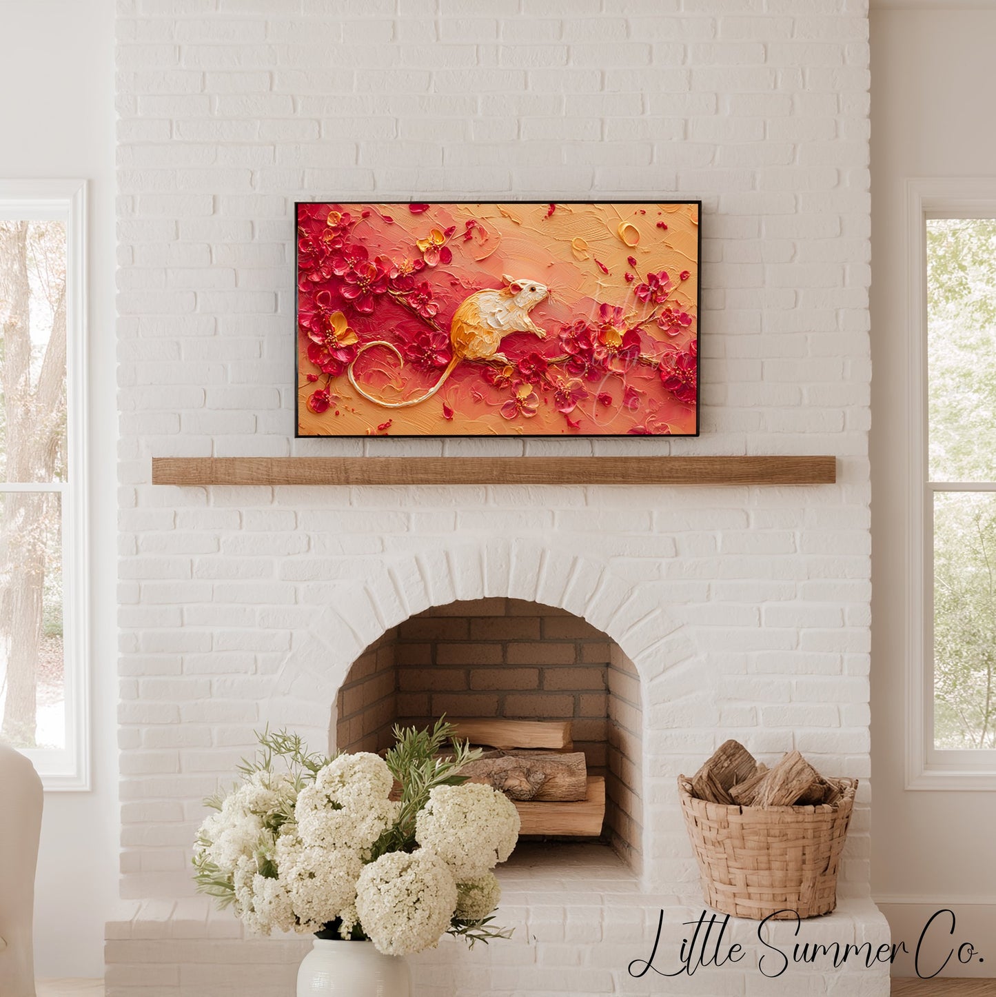 Golden Rat and Blossoms Frame TV Art displayed on a TV