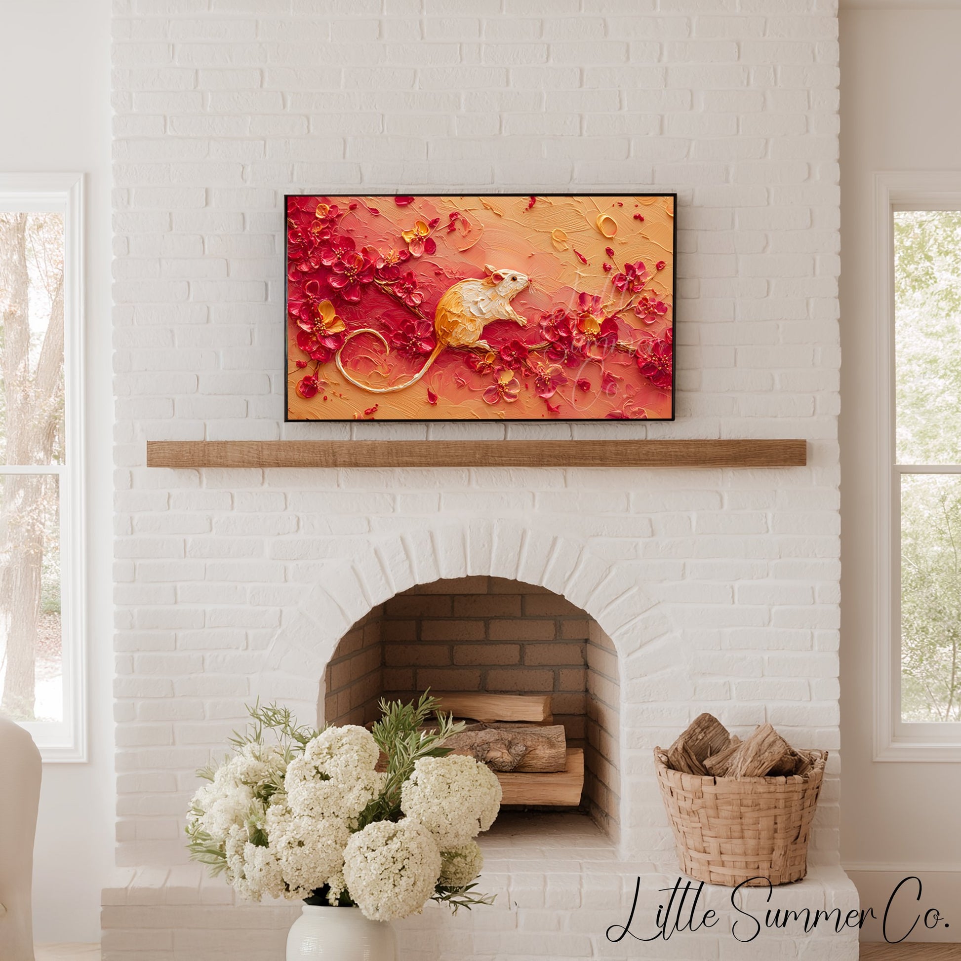 Golden Rat and Blossoms Frame TV Art displayed on a TV
