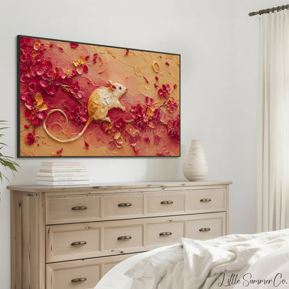 Golden Rat and Blossoms Frame TV Art displayed on a TV