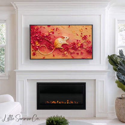 Golden Rat and Blossoms Frame TV Art displayed on a TV