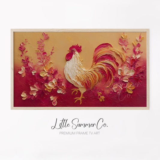 Golden Rooster and Flowers Frame TV Art displayed on a TV