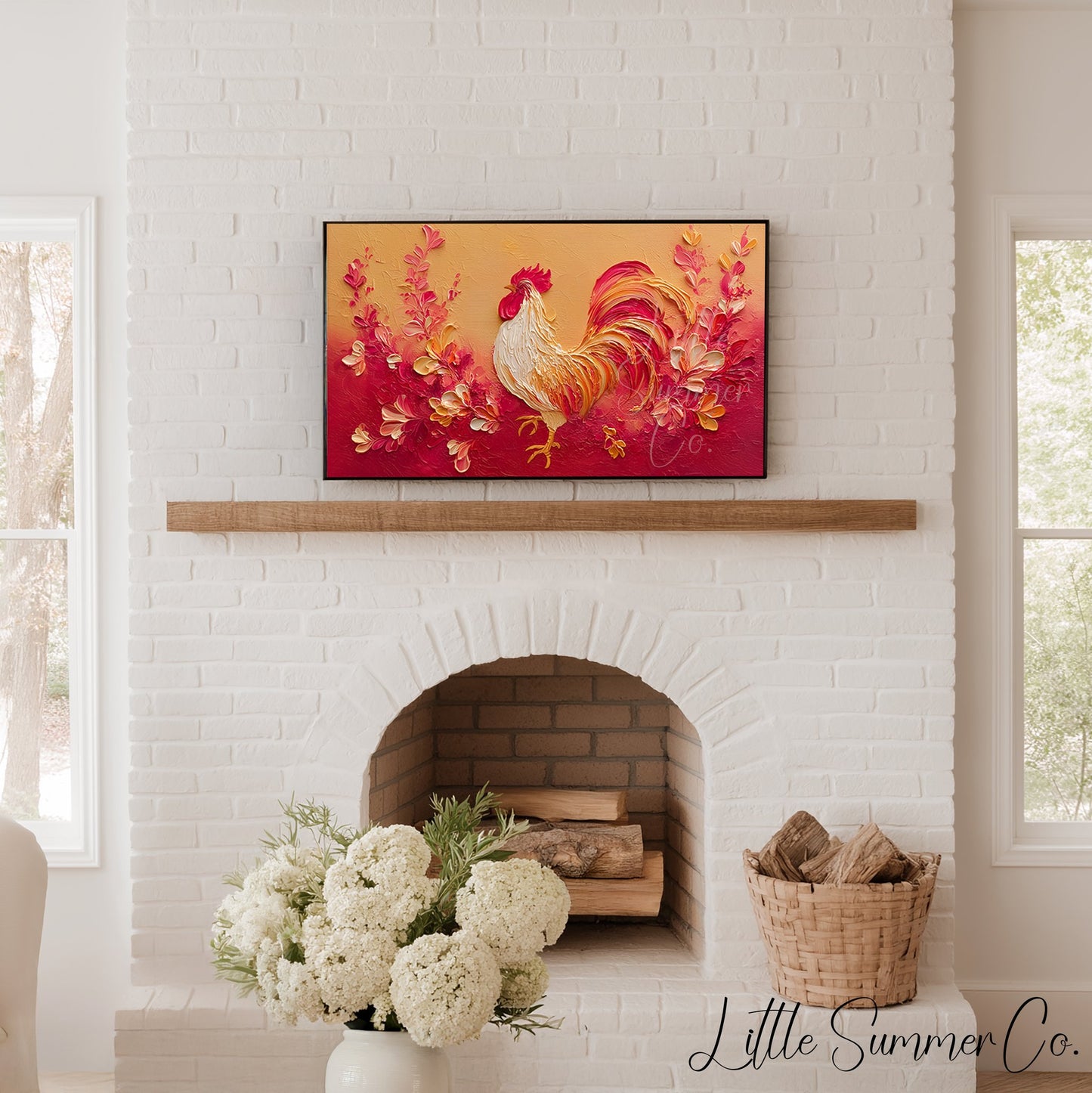Golden Rooster and Flowers Frame TV Art displayed on a TV