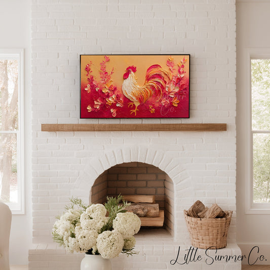 Golden Rooster and Flowers Frame TV Art displayed on a TV