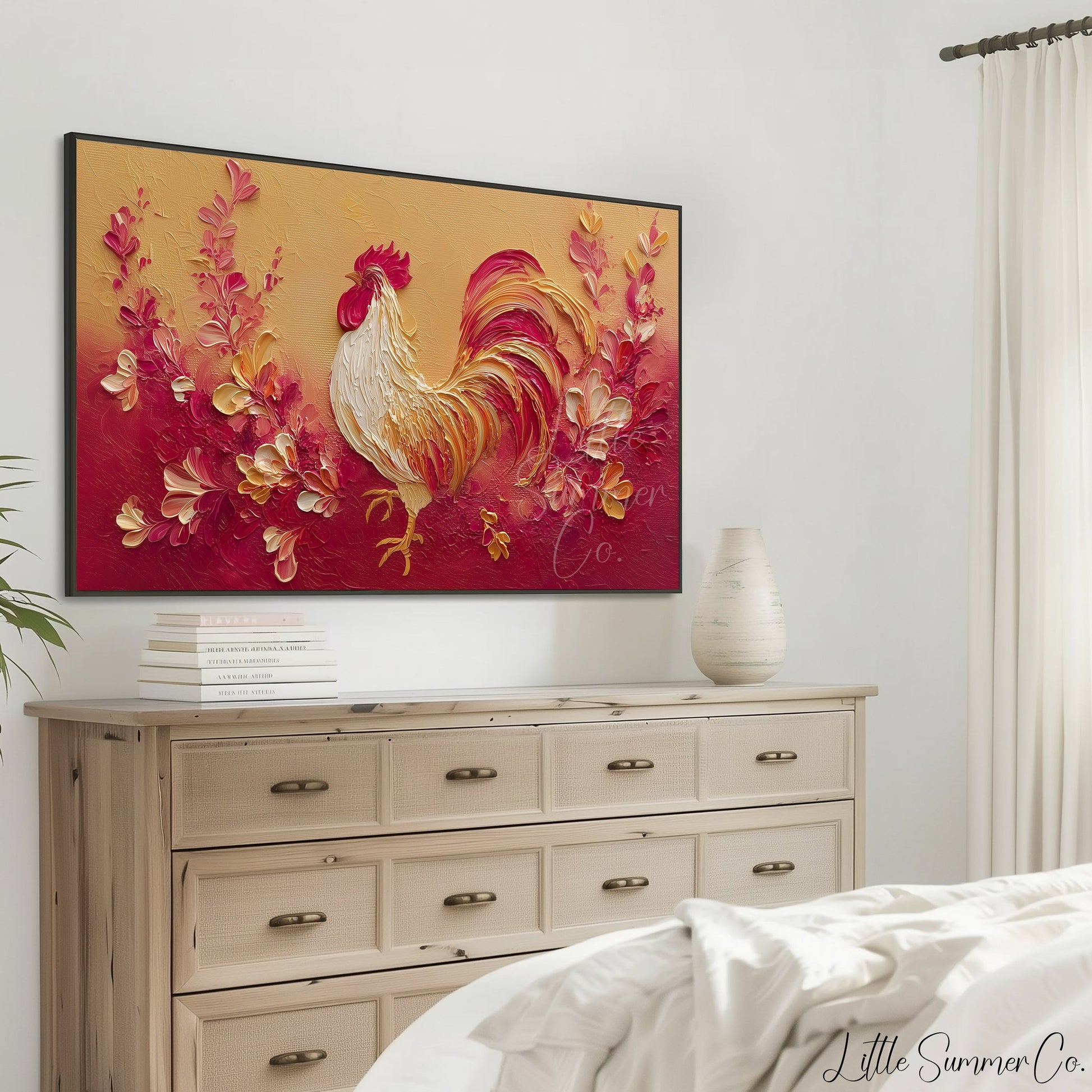 Golden Rooster and Flowers Frame TV Art displayed on a TV