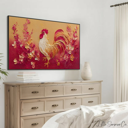 Golden Rooster and Flowers Frame TV Art displayed on a TV