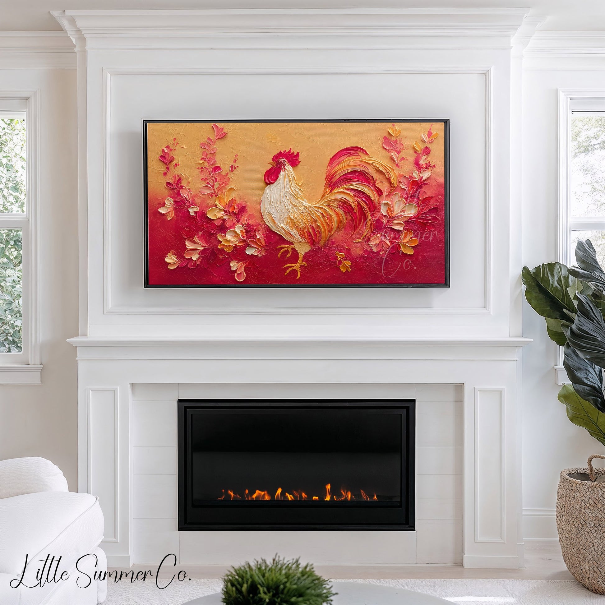 Golden Rooster and Flowers Frame TV Art displayed on a TV