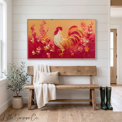 Golden Rooster and Flowers Frame TV Art displayed on a TV