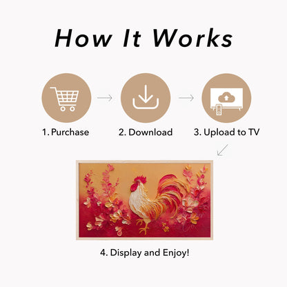 Golden Rooster and Flowers Frame TV Art displayed on a TV