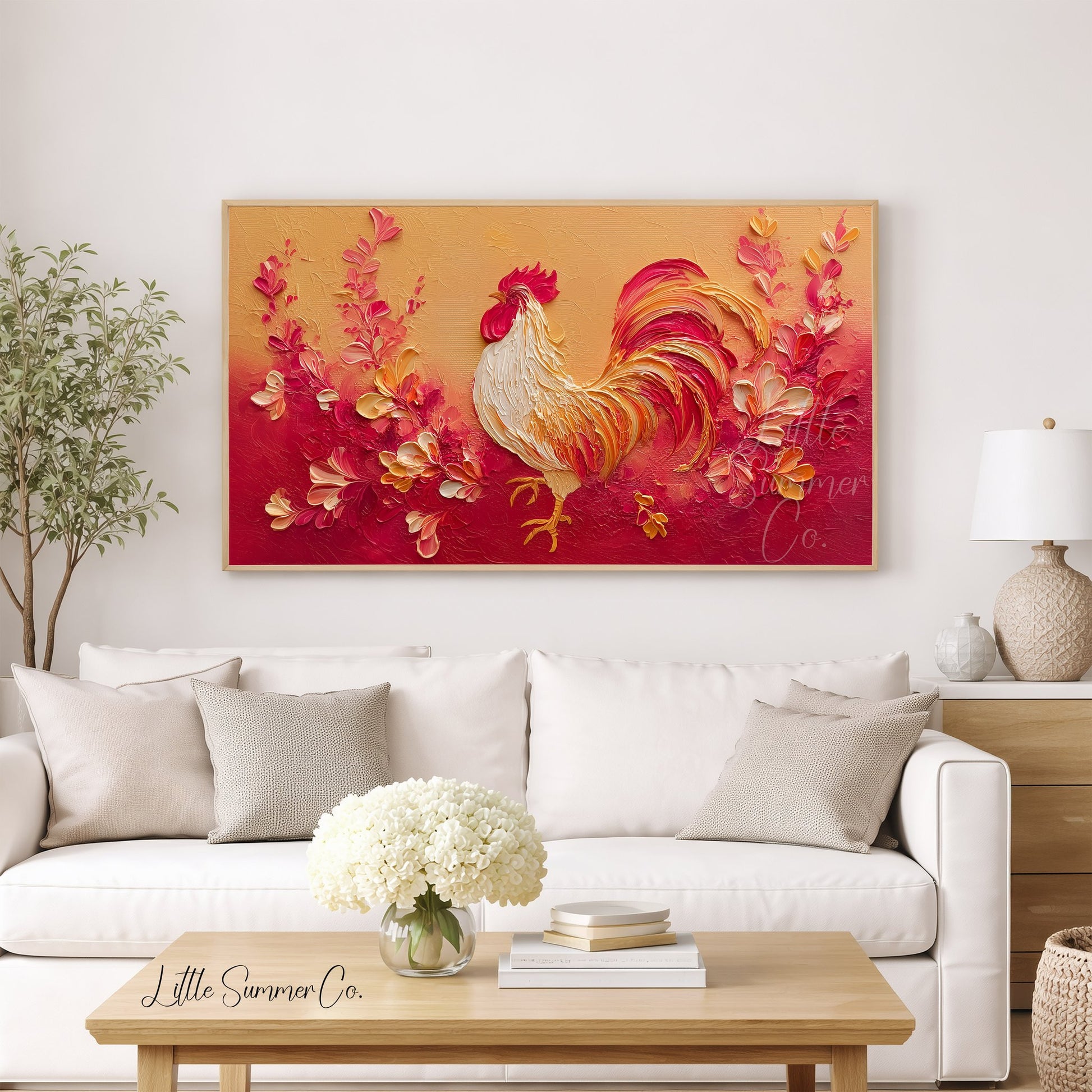 Golden Rooster and Flowers Frame TV Art displayed on a TV