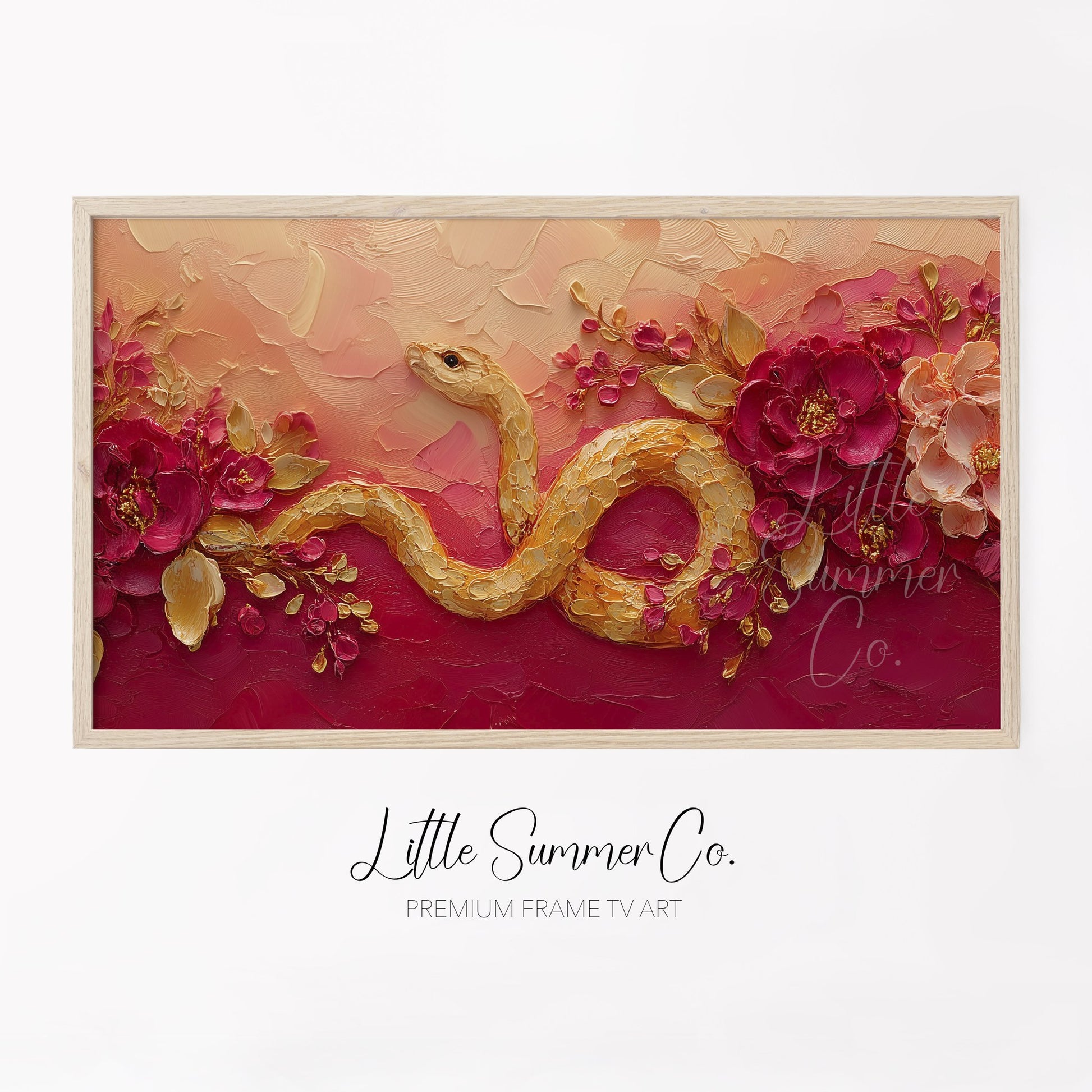 Golden Snake and Peonies Frame TV Art displayed on a TV