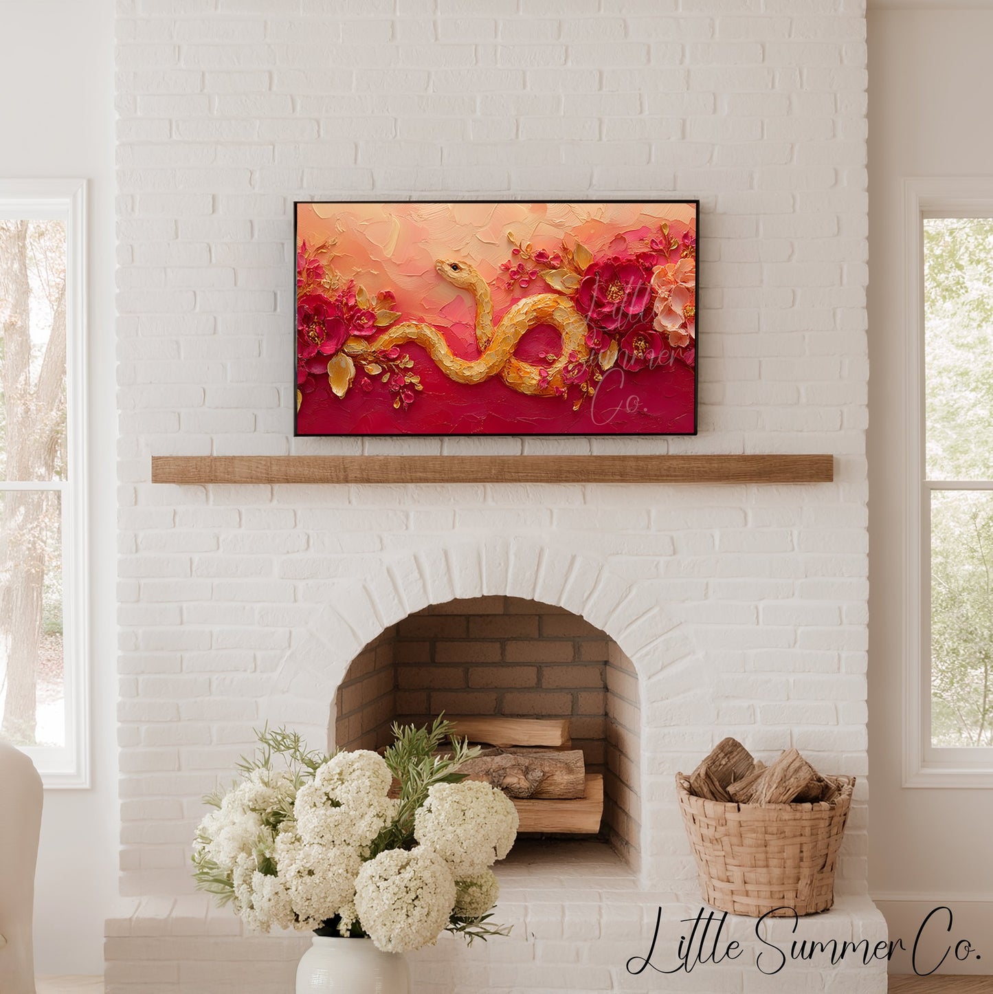 Golden Snake and Peonies Frame TV Art displayed on a TV