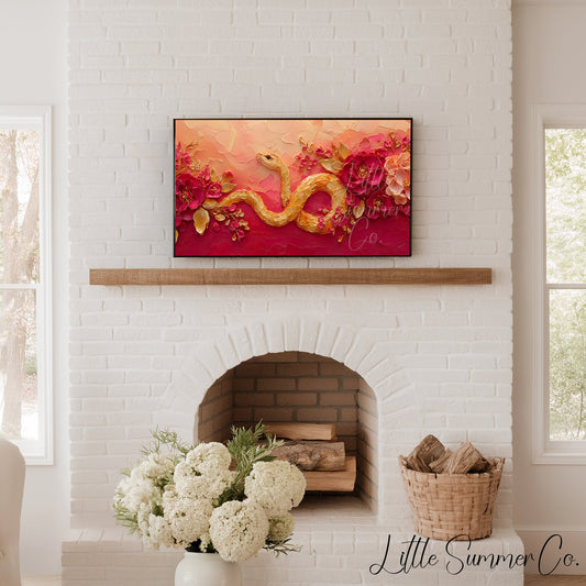 Golden Snake and Peonies Frame TV Art displayed on a TV