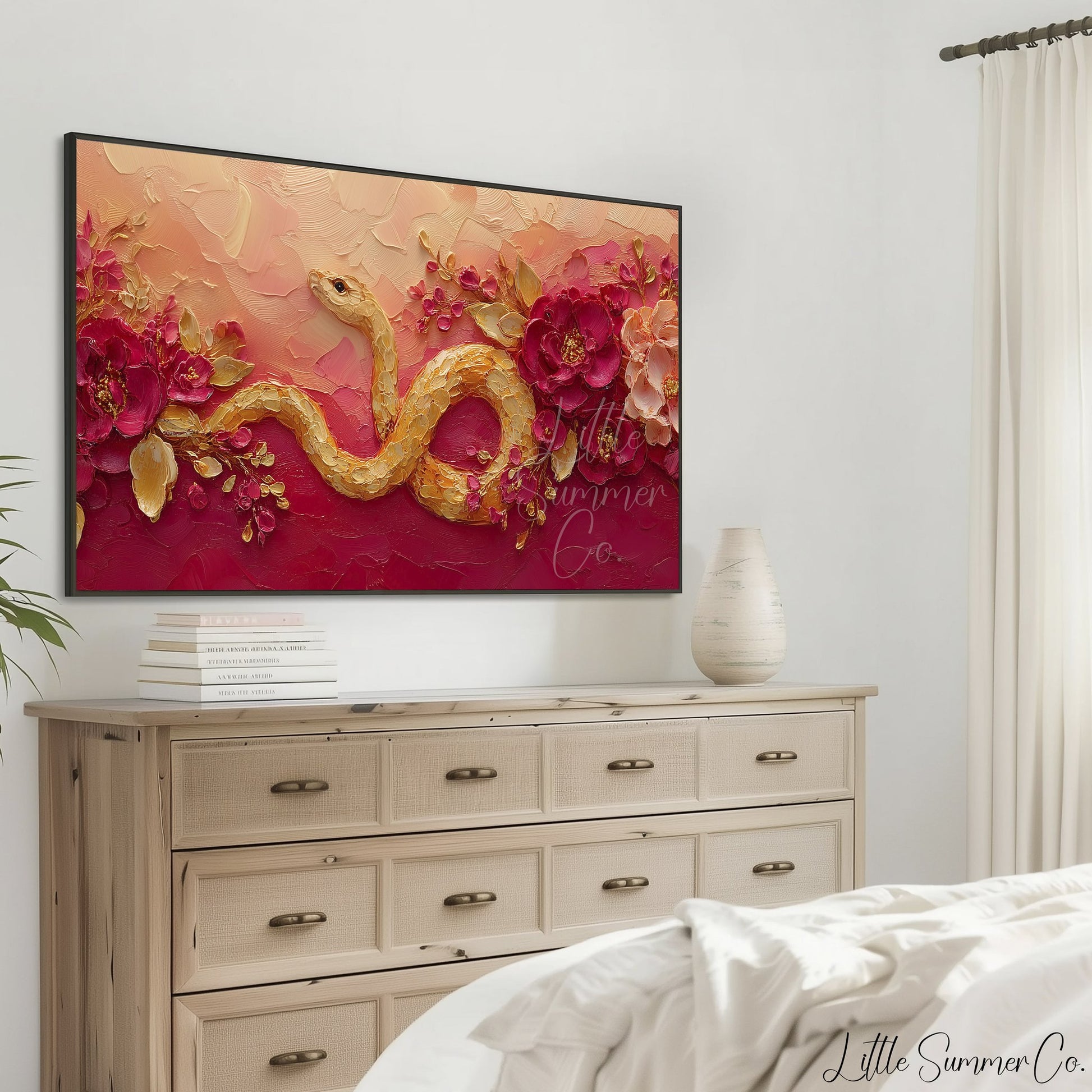 Golden Snake and Peonies Frame TV Art displayed on a TV