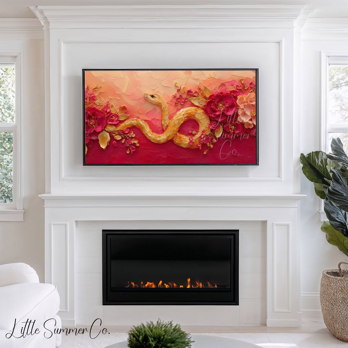 Golden Snake and Peonies Frame TV Art displayed on a TV