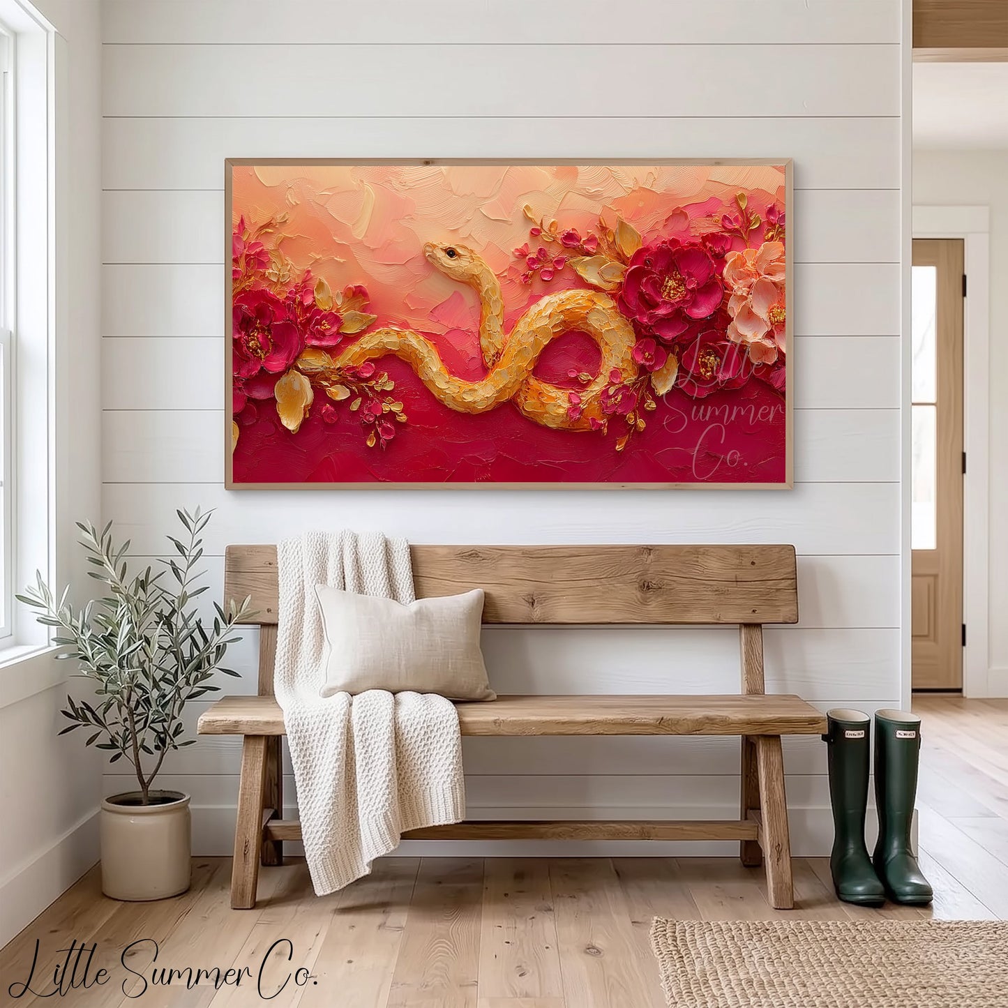 Golden Snake and Peonies Frame TV Art displayed on a TV