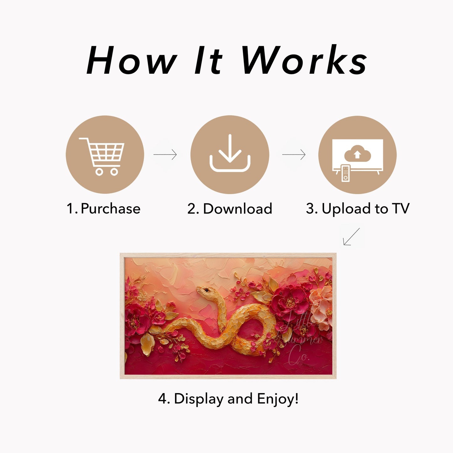 Golden Snake and Peonies Frame TV Art displayed on a TV