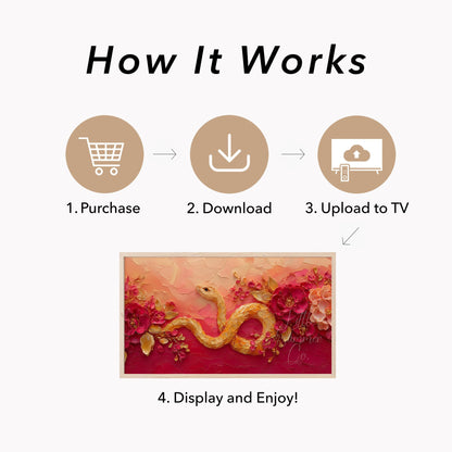 Golden Snake and Peonies Frame TV Art displayed on a TV