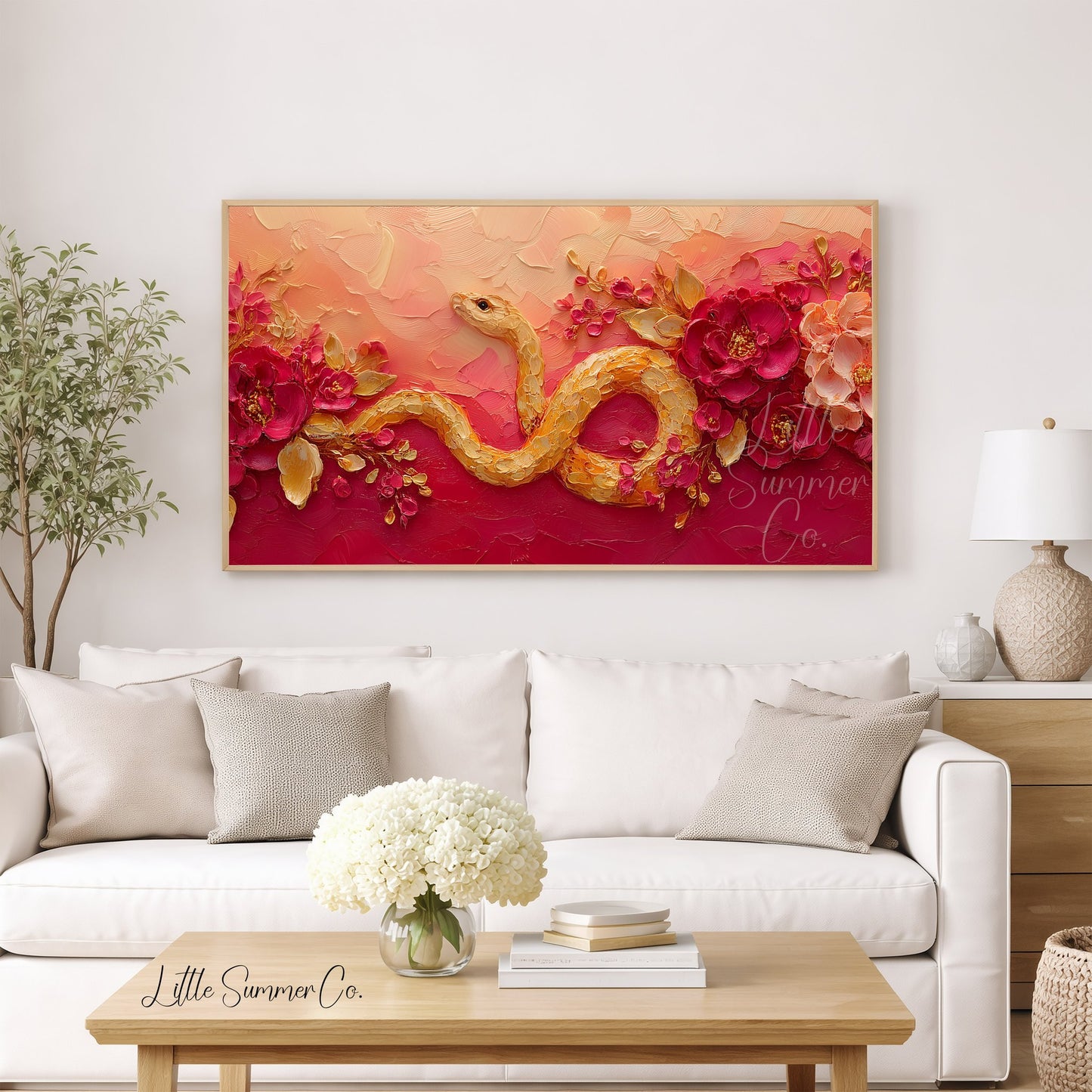 Golden Snake and Peonies Frame TV Art displayed on a TV