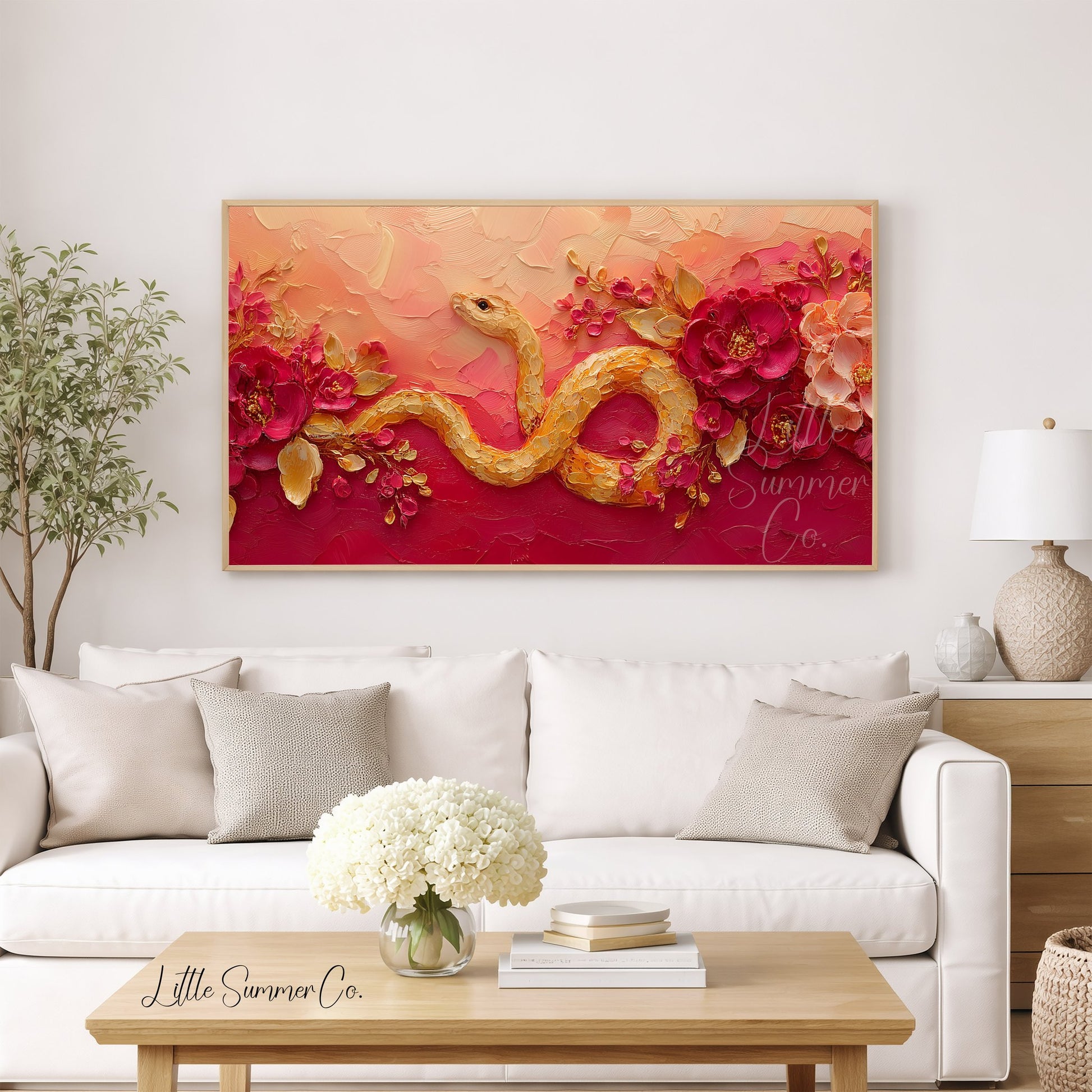 Golden Snake and Peonies Frame TV Art displayed on a TV