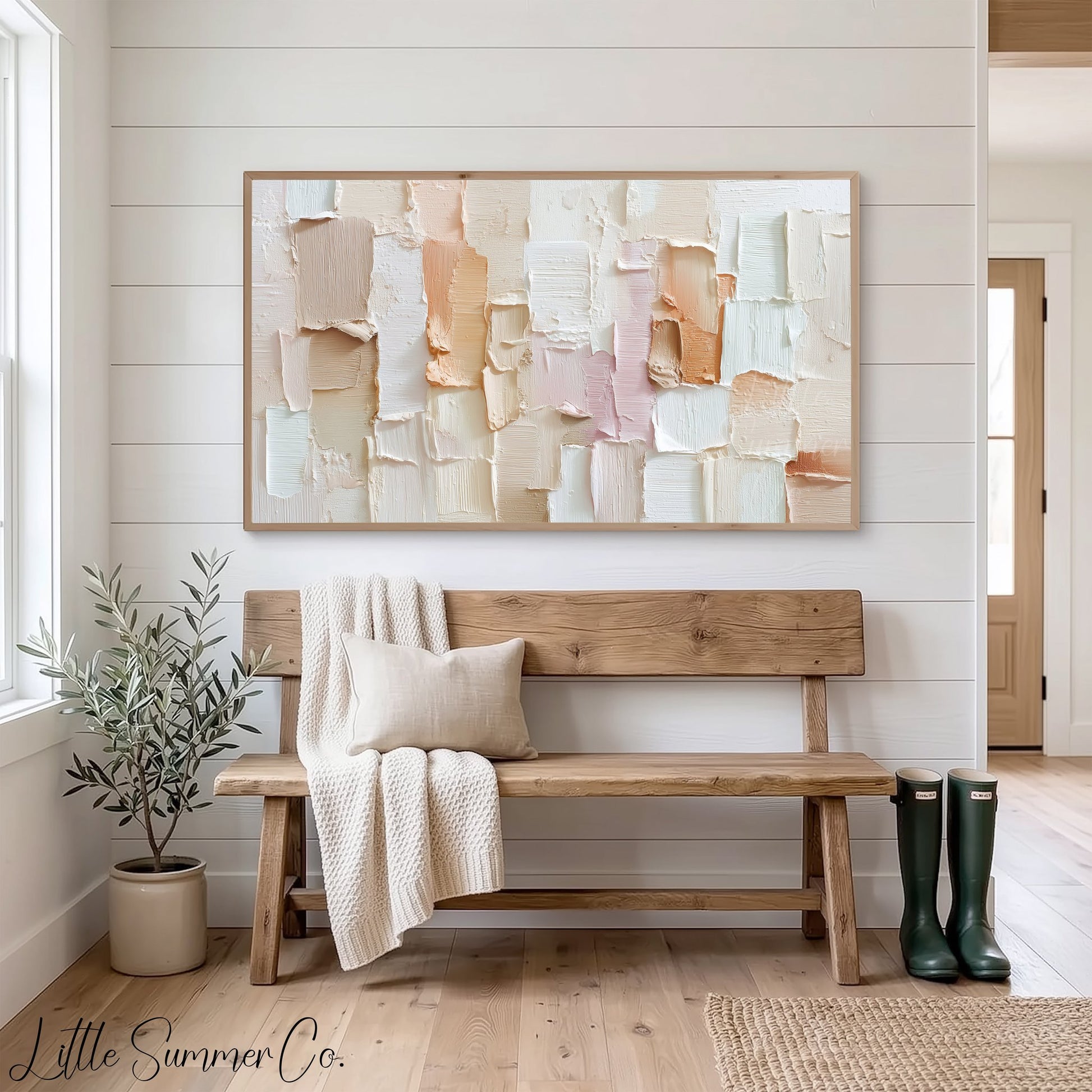 Soft Neutral Patchwork Frame TV Art displayed on a TV