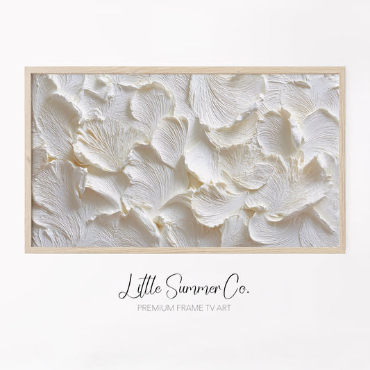 White Petal Relief Frame TV Art displayed on a TV
