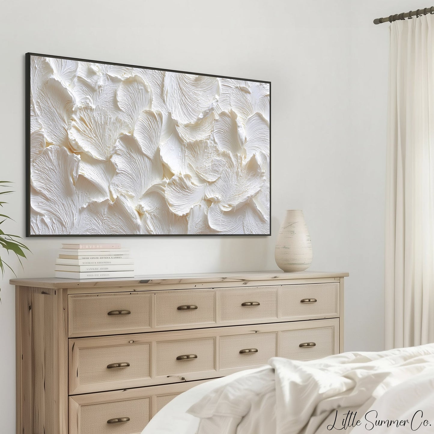 White Petal Relief Frame TV Art displayed on a TV